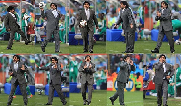 Na partida entre Argentina e Nigéria, o técnico e ex-jogador Diego Maradona foi um show à parte: brincou com a bola e fez embaixadas.