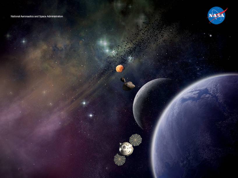 A concepção artística mostra o Multiporpuse Crew Vehicle, veículo tripulado que será lançado no topo do novo foguete, e destinos de missões futuras para a exploração humana além da órbita da Terra: a Lua, um asteroide e Marte