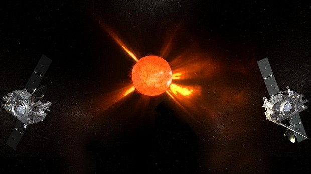 Concepção artística mostrando as sondas gêmeas que registraram as primeiras imagens completas do Sol