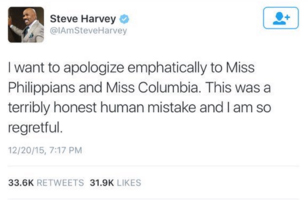 Steve Harvey pede desculpas e comete nova gafe após Miss Universo