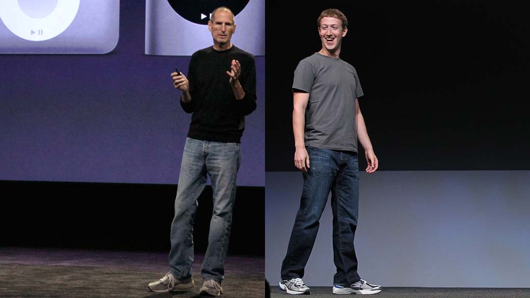 Steve Jobs em apresentação de novos produtos em São Francisco e Mark Zuckerberg em conferência Facebook F8