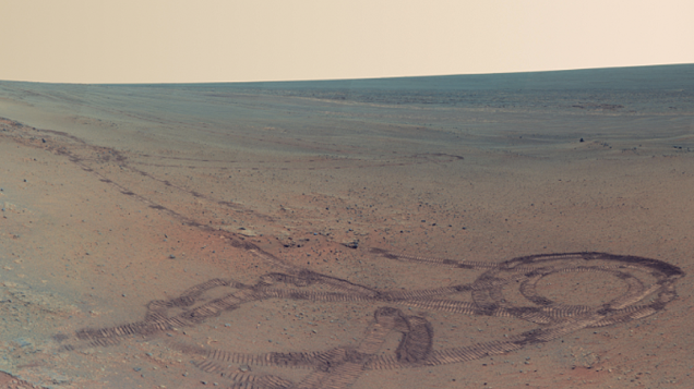 <p>Rastros do Opoortunity deixaram marcas no solo de Marte</p>