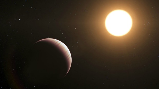 Concepção artística mostra o exoplaneta Tau Boötis b. Um dos primeiros exoplanetas a serem descobertos, em 1996. Continua a ser um dos sistemas planetários mais próximos que se conhece. Os astrônomos utilizaram o Very Large Telescope, do Observatório Europeu do Sul, para captar e estudar, pela primeira vez, a fraca radiação emitida pelo planeta
