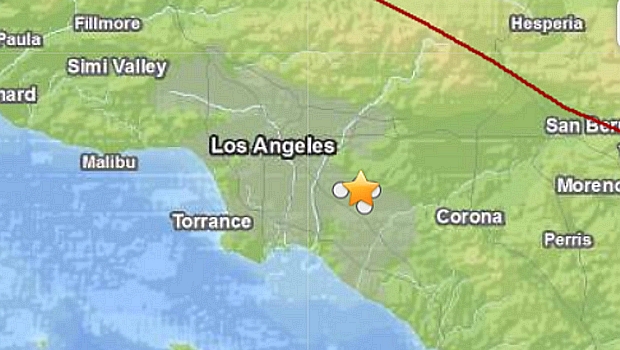 Mapa do Serviço Geológico Americano (USGS) mostra epicentro do terremoto na Califórnia