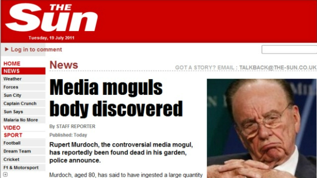Segundo a notícia falsa, Murdoch teria sido encontrado morto no quintal depois de ingerir a substância paládio