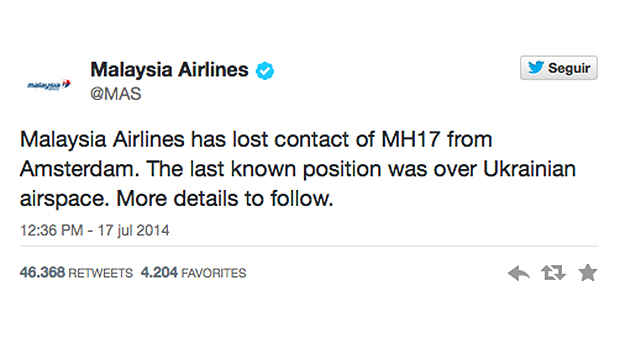 Malaysia Airlines em sua conta no Twitter afirmou que perdeu contato com o MH17, e que sua última posição foi registrada no espaço aéreo ucraniano