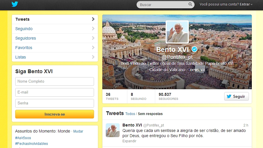 'Queria que cada um sentisse a alegria de ser cristão', diz papa no Twitter