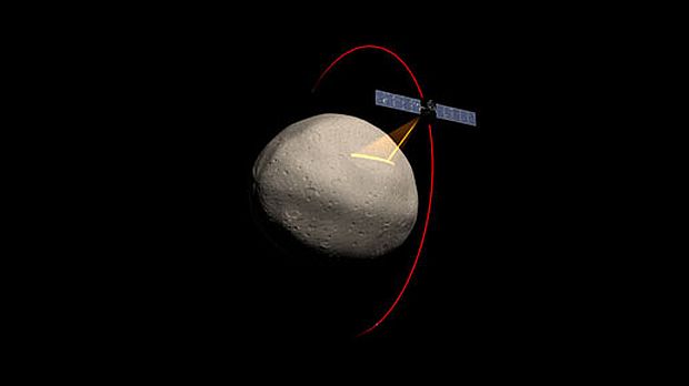Concepção artística da sonda Dawn orbitando o asteroide Vesta. O corpo é o segundo corpo mais pesado do cinturão de asteroides, depois do planeta anão Ceres