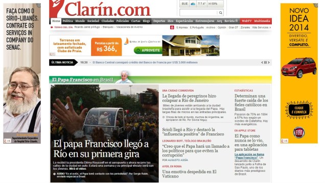 Visita do papa Francisco ao Brasil é destaque no site do jornal argentino Clarín