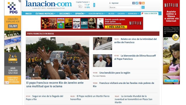 Visita do papa Francisco ao Brasil é destaque no site do jornal argentino La Nacion