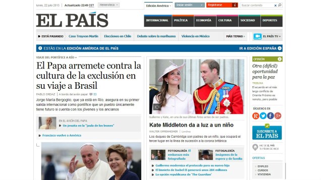 Visita do papa Francisco ao Brasil é destaque no site do jornal espanhol El País