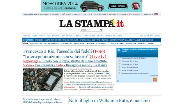 Visita do papa Francisco ao Brasil é destaque no site do jornal italiano La Stampa