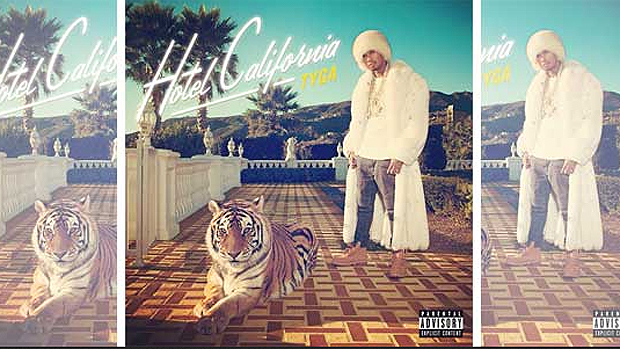 ‘Hotel California’, do rapper americano Tyga. Como se não bastasse o modelito brega usado pelo cantor e a presença de um tigre (oi?) na capa, a montagem é digna de um iniciante no Photoshop