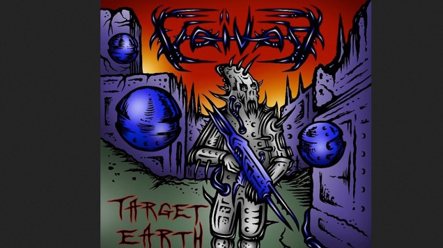 ‘Target Earth’, da banda canadense Voivod. Provavelmente a primeira vítima do alienígena armado da capa será o péssimo cartunista que o desenhou