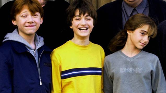 Rupert Grint, Daniel Radcliffe e Emma Watson e sessão de fotos, em 2001