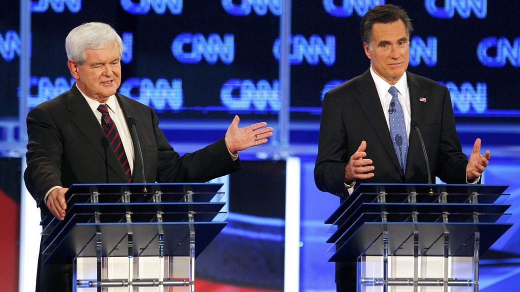 Newt Gingrich e Mitt Romney em debate na Flórida