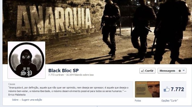Página no Facebook do grupo anarquista Black Bloc SP