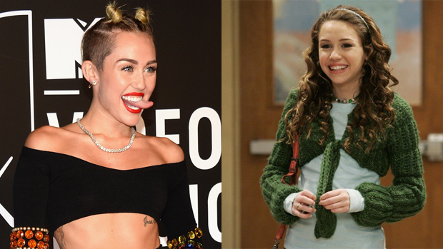 A cantora e atriz Miley Cyrus no VMA 2013 e em cena do seriado 'Hannah Montana', em 2007.