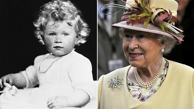 À esquerda, a ainda princesa Elizabeth, com 1 ano de idade; à direita, a rainha de hoje, aos 85