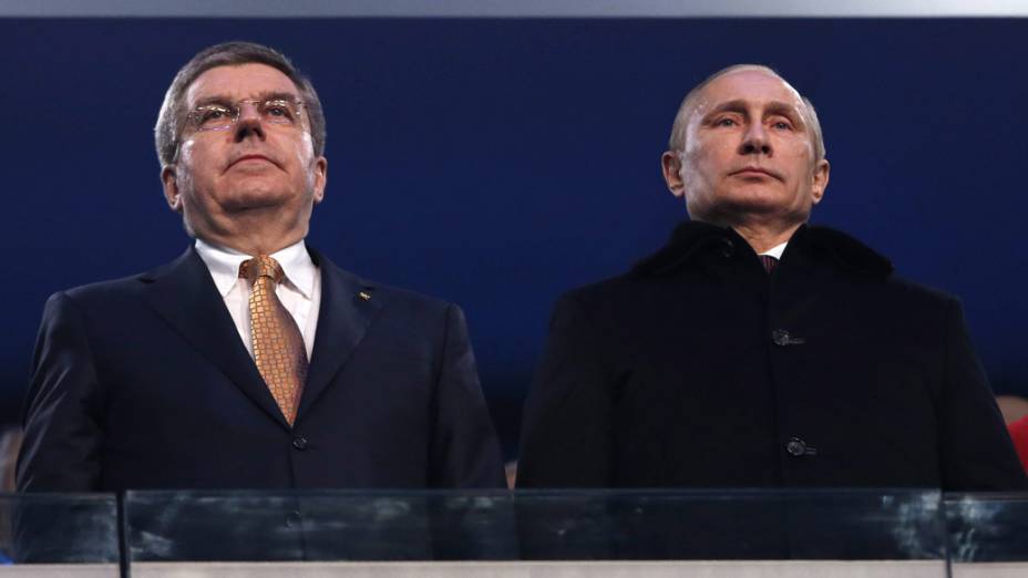 Presidente da Rússia, Vladimir Putin, durante a cerimônia de abertura das Olimpíadas de Inverno de Sochi, na Rússia