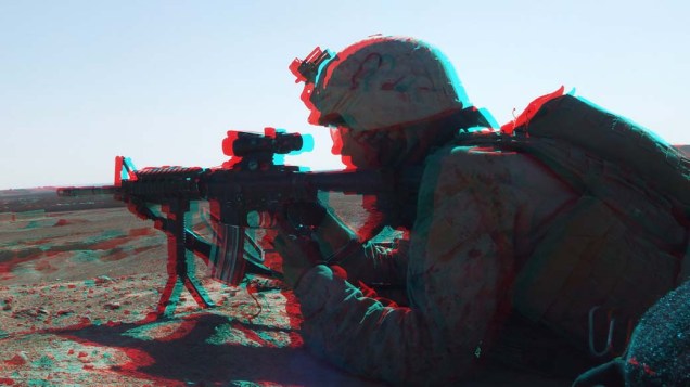 Em imagem 3D, fuzileiro naval americano na cidade de Musa Qala, Afeganistão