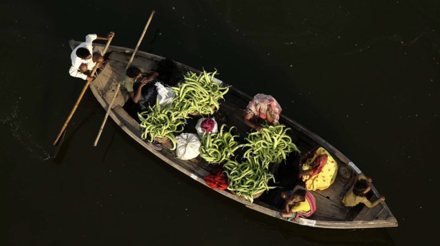 Agricultores indianos usam barco para o transporte de pepinos até o mercado em Allahabad