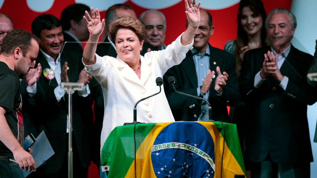 A presidente reeleita, Dilma Rousseff (PT), comemora o segundo mandato da Presidência da República, em Brasília