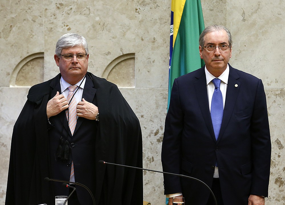 Rodrigo Janot (e) e Eduardo Cunha em sessão solene do Supremo Tribunal Federal (STF) que marca a abertura do ano do Judiciário (DF)