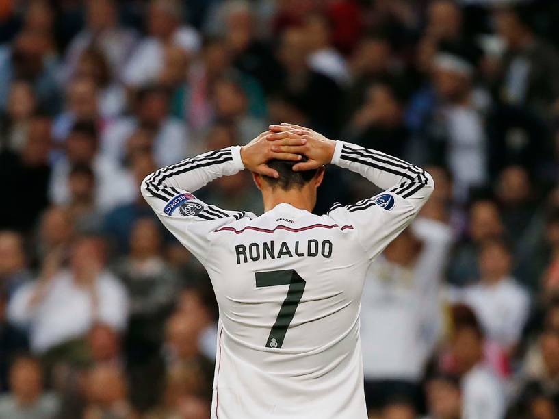 Cristiano Ronaldo durante partida entre Real Madrid e Atlético de Madrid pela Liga dos Campeões, no Santiago Bernabéu