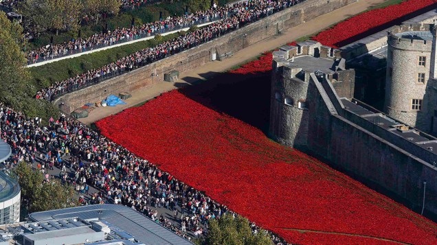 Multidão participa de cerimônia diante da instalação de arte que homenageia os mortos na Primeira Guerra Mundial, durante o do Dia do Armistício na Torre de Londres, em Londres - 11/11/2014