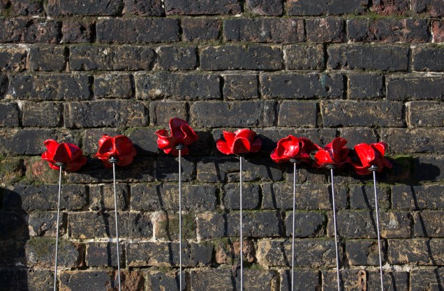Instalação com papoulas de cerâmica homenageia os mortos na Primeira Guerra Mundial, durante o do Dia do Armistício na Torre de Londres, em Londres - 11/11/2014