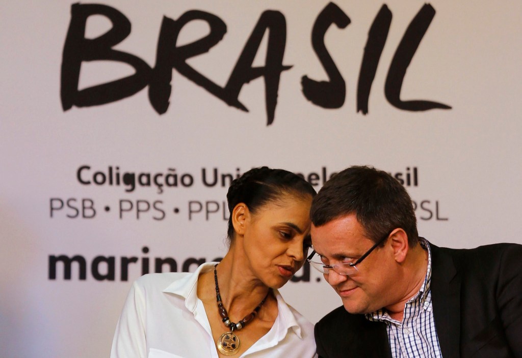 A candidata à Presidência da República pelo PSB, Marina Silva, e o vice, Beto Albuquerque, durante cerimônia de lançamento de seu programa de governo, em São Paulo
