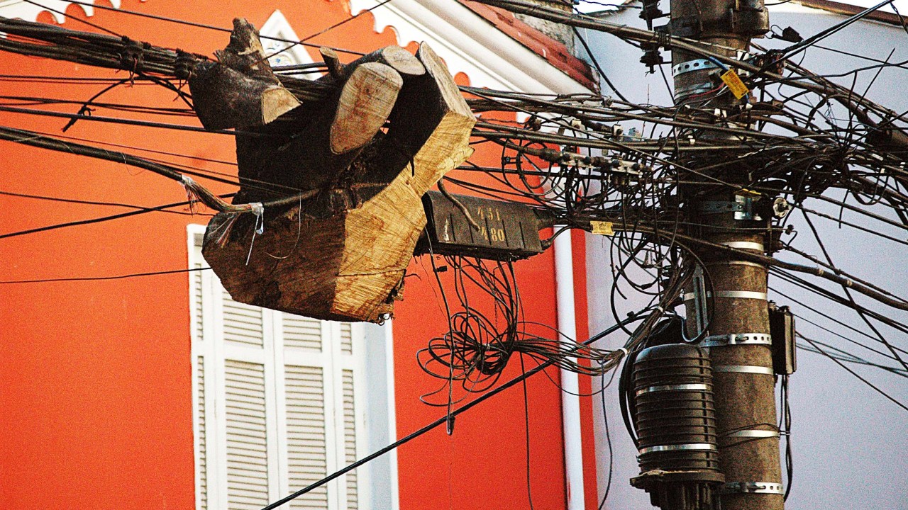 Pedaço de árvore enroscado entre fios após poda na Rua Minerva, no bairro de Perdizes, em São Paulo