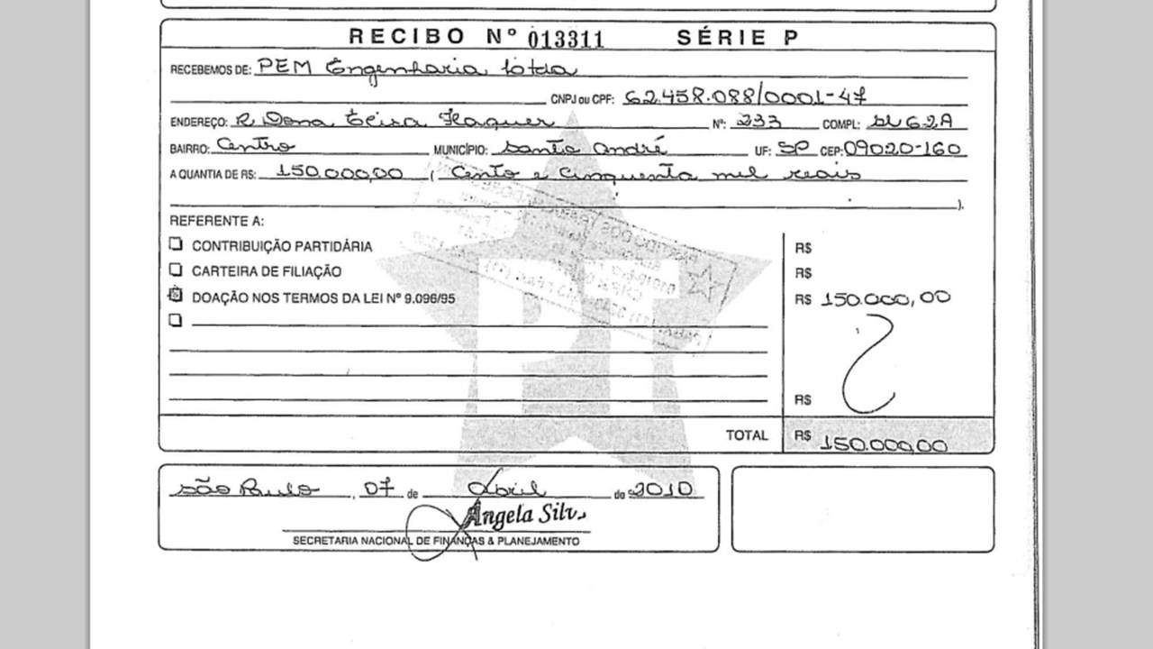 Recibo de doação PEM Engenharia Ltda, uma das empresas de Augusto Mendonça Neto, ao Partido dos Trabalhadores em 2010