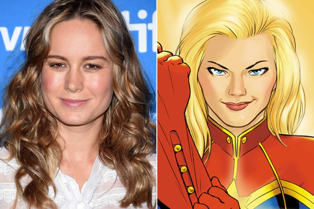 A atriz Brie Larson e a heroína dos quadrinhos Capitã Marvel