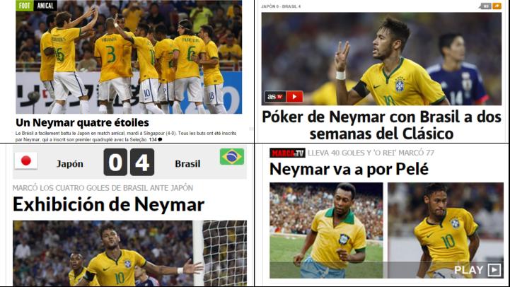 Jornais de todo o mundo destacaram os quatro gols de Neymar na goleada sobre o Japão