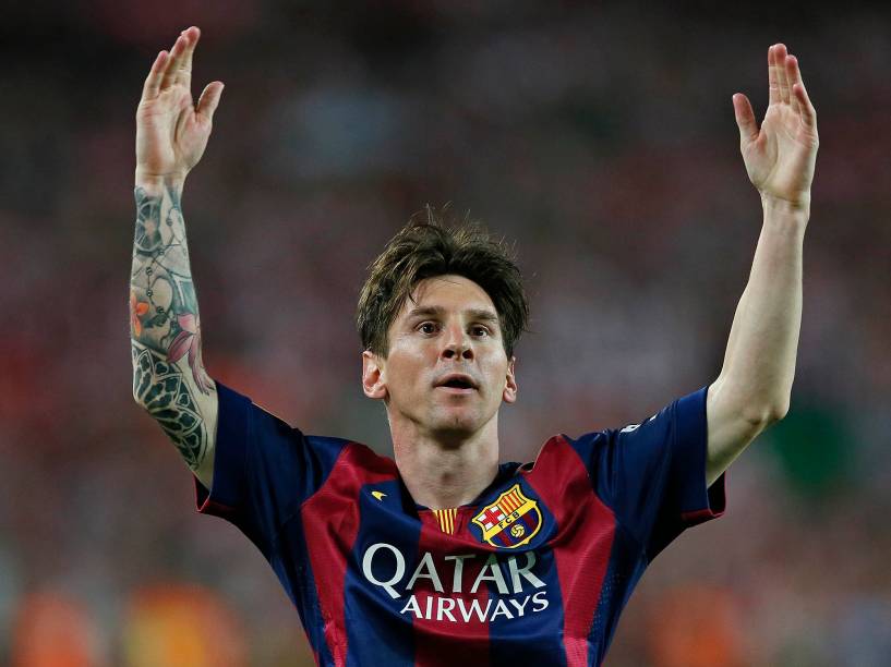 O jogador Lionel Messi do Barcelona, comemora o gol durante a partida contra o Athletic Bilbao pela final da Copa do Rei da Espanha