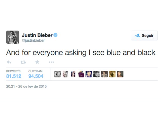  Justin Bieber no Twitter: E para todos perguntando, eu vejo azul e preto