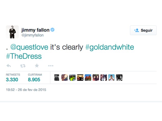 Através de hashtags, Jimmy Fallon responde aos fãs que vê o vestido branco e dourado