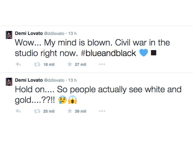 A cantora Demi Lovato também postou no Twitter sobre o vestido: Uau... Estou confusa! Guerra civil no estúdio agora. #azulepreto e, posteriormente, Espera... Então pessoas realmente enxergam branco e dourado?