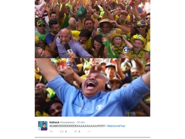 Márcio Canuto, o histriônico repórter da Globo, celebra com toda a torcida brasileira o fim de Babilônia
