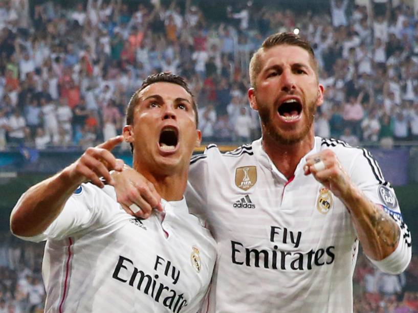 Cristiano Ronaldo e Sergio Ramos comemoram o gol do Real Madrid na partida contra a Juventus