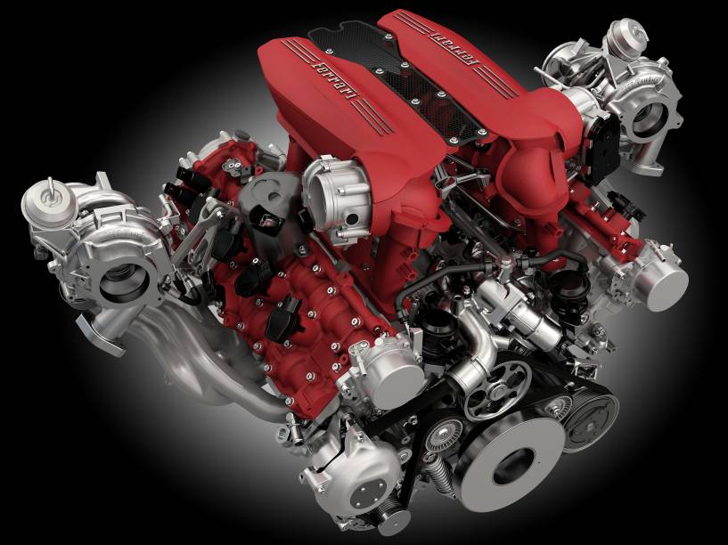 O motor da Ferrari 488 GTB: 3.9 V8 biturbo, com 670 cv. Velocidade máxima de 330km/h