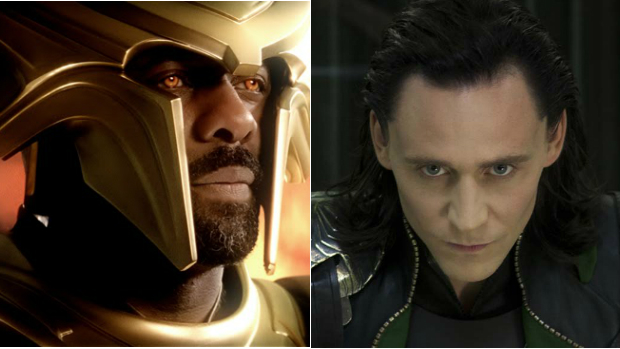 Os atores Idris Elba e Tom Hiddlestone como Heimdall e Loki