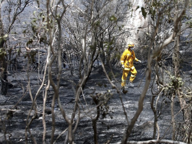 Bombeiro caminha por árvores queimadas em Vitória, na Austrália. O incêndio florestal começou devido aos raios que caem na região durante as tempestades