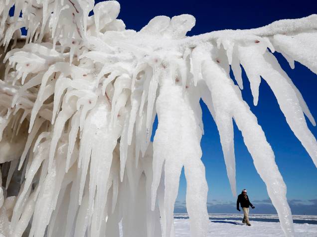 Homem caminha ao lado de árvore coberta por gelo no Lago Michiga, em Chicago