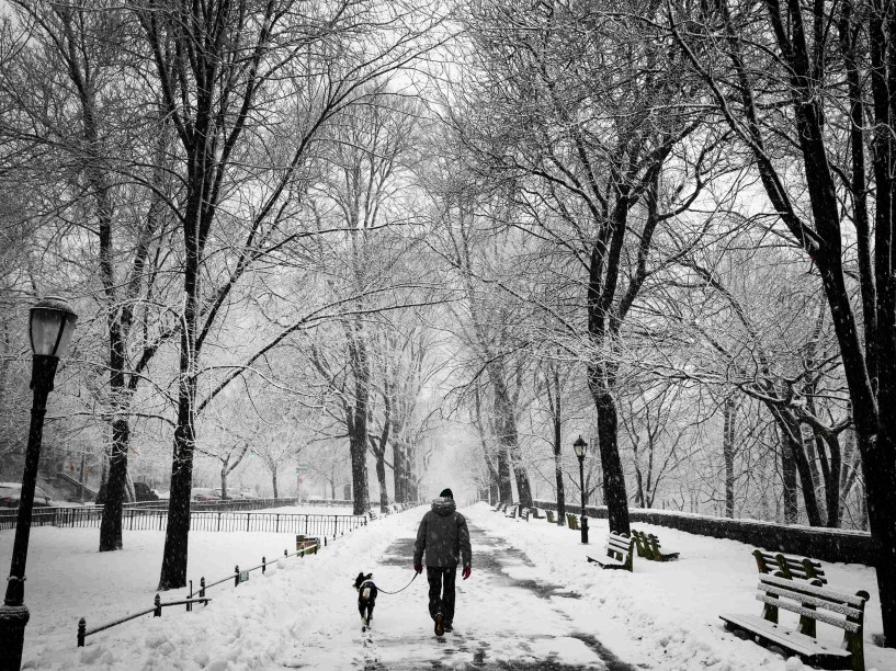 Homem caminha com seu cachorro debaixo de neve que cai no Riverside Park, em Manhattan, Nova York - 05/03/2015