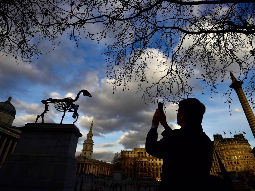 Homem tira foto de escultura de cavalo esquelético, feita pelo artista alemão Hans Haacke. A escultura está localizada na praça Trafalgar, em Londres - 05/03/2015