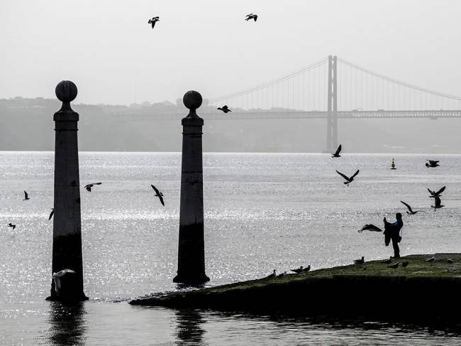 Homem fotografa as margens do Rio Tejo, próximo à Praça do Comércio em Lisboa, Portugal