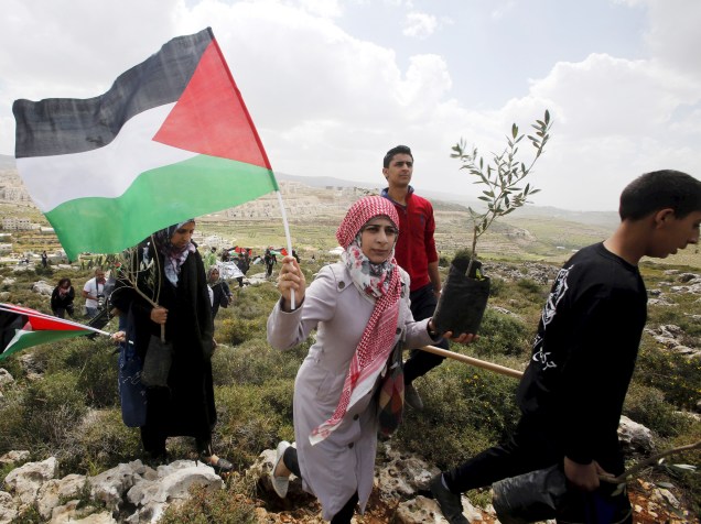 Manifestante ergue bandeira Palestina e um ramo de oliveira durante o Dia da Terra. A celebração anual comemora os protestos em 1976 contra a apropriação da terra em Galileia por Israel - 30/03/2015